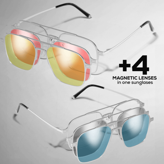 Gafas de sol Pargatz Tate negras con 4 lentes magnéticas intercambiables de diferentes colores (amarillo, rojo, azul, gris).
